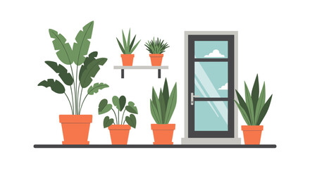 A Modern Illustration Showcases Potted Plants, Including Lush Greenery Such As Large Leafy Plants, Small Potted Plants, And A Door With Sky View, Perfect For Home Decor, Interior Design,