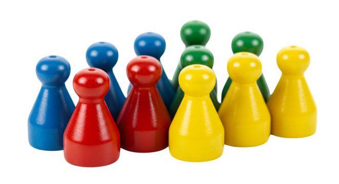 Colorful Wood Texture: Game Pieces feature Red, Blue, Yellow, Green with Smooth surface. Great for team concepts, board game product photography, or abstract presentation background.