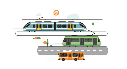 A Stylized Illustration Showcases Various Modes Of Transportation, Including A Train, A Tram, And A Bus, Emphasizing Urban Mobility And Modern City Transport Systems On A White Background.