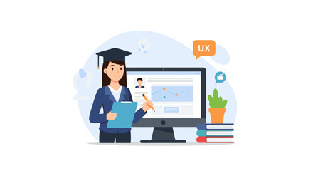 A UX Design Graduate Is Planning A Successful Career Path, Illustrated With A Computer Displaying Data Analysis, Symbolizing User Experience Strategy And User Centered Design Principles, UX