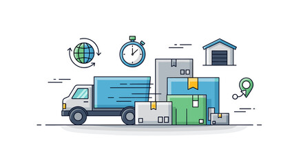 A Vibrant Illustration Showcasing A Delivery Truck, Surrounded By Packages, A Globe, A Stopwatch, A Warehouse, And A Location Pin, Symbolizing Logistics, On Time Shipping, And Global