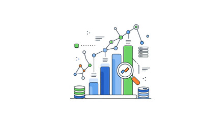 A Visual Representation Of Data Analysis And Growth With Charts, Graphs, And Magnifying Glass, Illustrating Business Analytics And Market Research For Strategic Planning.