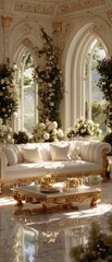 Elegant cream-colored room with ornate details, floral displays, and large windows