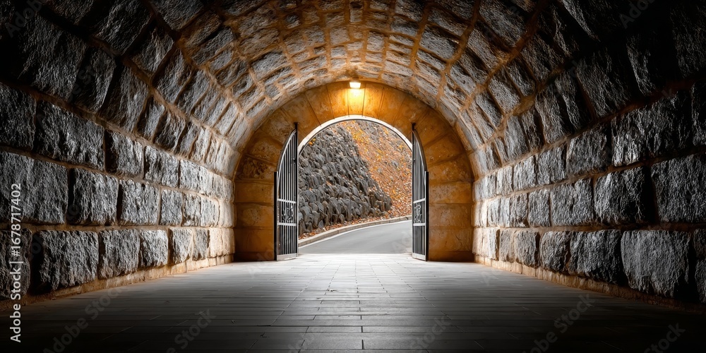 Poster ancient stone archway tunnel leading to a bright light a journey through time and architecture