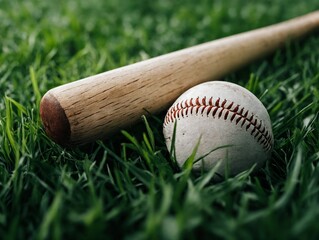 Baseball bat and ball lying on green grass field