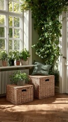 Two woven storage baskets, light brown, beside window with potted plants