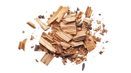 Scattered wooden pieces isolated on white background