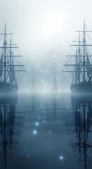 Misty seascape with silhouettes of tall ships