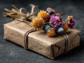 Gift box wrapped in kraft paper, adorned with dried flowers