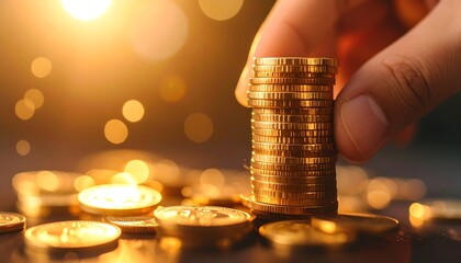 Hand Stacking Gold Coins Representing Investment Savings and Finance Growth