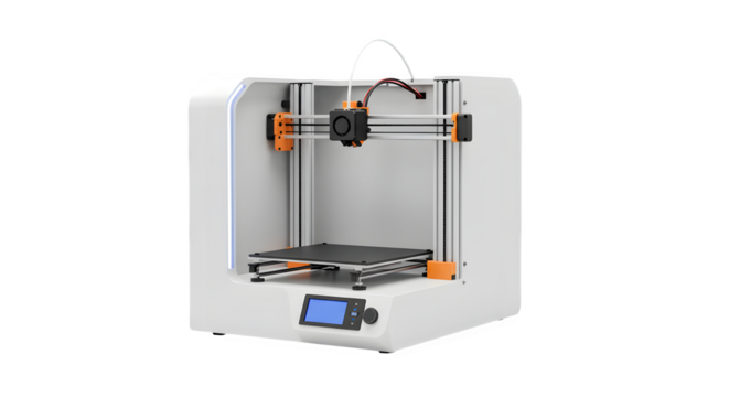 White 3D printer machine shows sleek design, suitable for product displays and presentations.