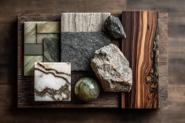 Assorted stone and wood samples on a wooden tray