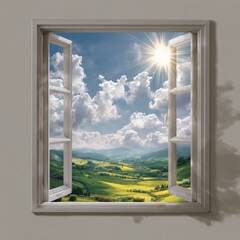 a window with an open view of green fields and a blue sky, with the sun shining through it