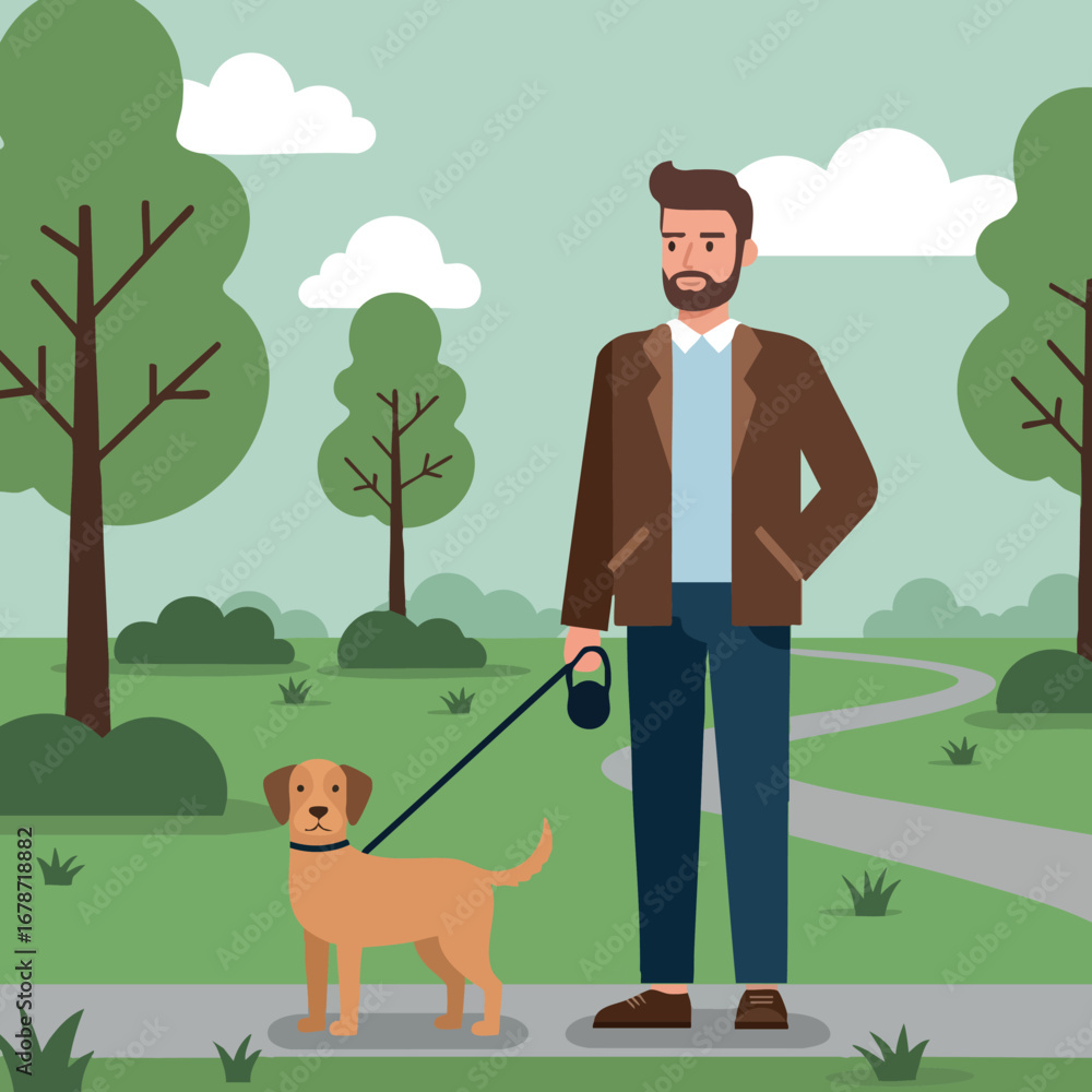 Poster man walking dog on leash in park surrounded by trees and clouds during daytime vector illustration