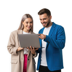 Smiling business people looking at laptop isolated on transparent background