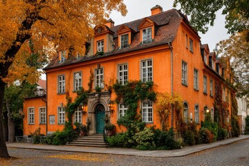 Autumnal orange house with fall foliage
