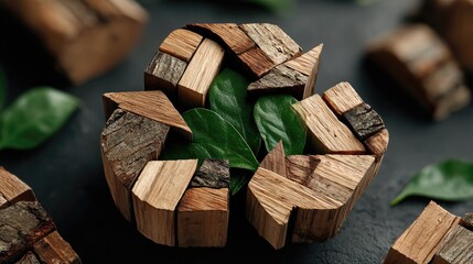 Wooden recycle symbol with leaves