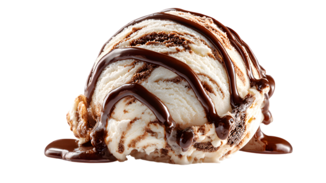 Indulge in creamy vanilla ice cream swirled with rich chocolate fudge and drizzled with decadent sauce isolated on white background