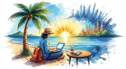 Obraz premium Watercolor illustration of remote work and digital nomad lifestyle.