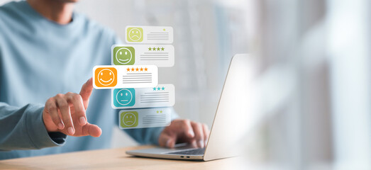 Online customer satisfaction survey service concept , Man use the products and services of the...