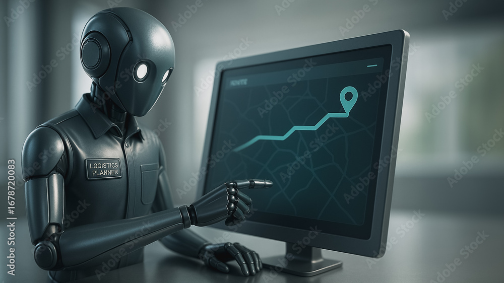 Aufkleber robotic planner in operation: a state-of-the-art robot, the innovative planner, attentively analyzes
