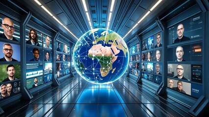 Global connections in a digital network showcasing diverse individuals in a futuristic setting. - Powered by Adobe