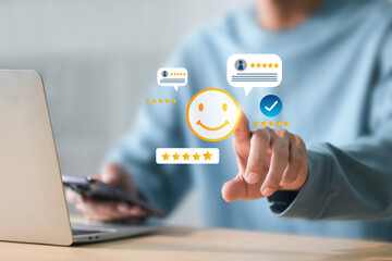 Customer satisfaction rating and feedback concept , Five-star rating on virtual feedback interface,...