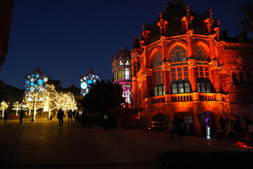 Christmas tree in front cathedral at night in barcelona spain