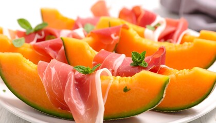 Melon slices with prosciutto and mint