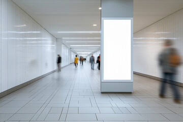 地下通路に設置された広告用パネルと歩行者のシーン