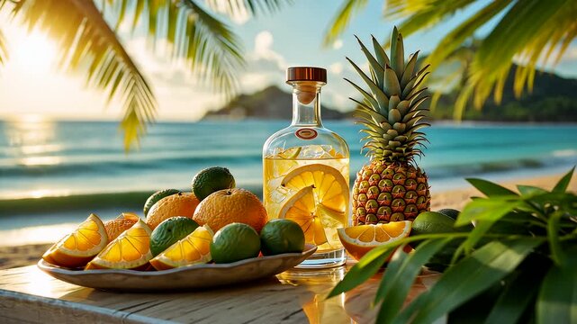 Tropical Beach Table with Fresh Pineapple Citrus Fruits and Bottle of Rum Under Palm Trees by the Ocean