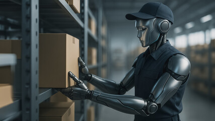 Robotic Precision in Warehouse: A sleek, metallic robot meticulously sorts and organizes packages within a vast warehouse setting.