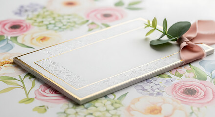 Blank invitation card with pink ribbon and green leaf on floral background