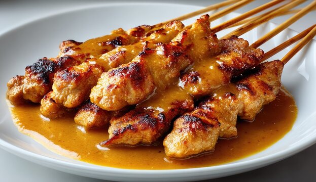 Close-up of chicken satay skewers coated in a rich, golden-orange sauce