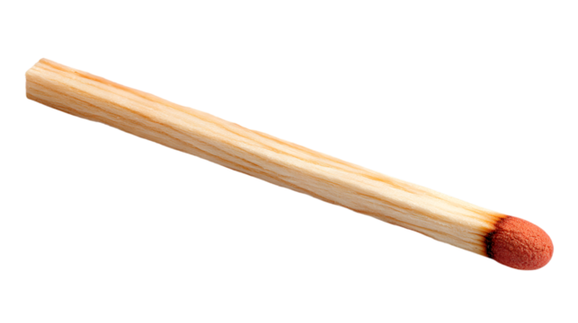 Single wooden matchstick with red tip ready to light a fire or candle for cozy ambiance isolated on white background
