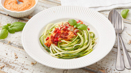 Raw zucchini with tomato sauce