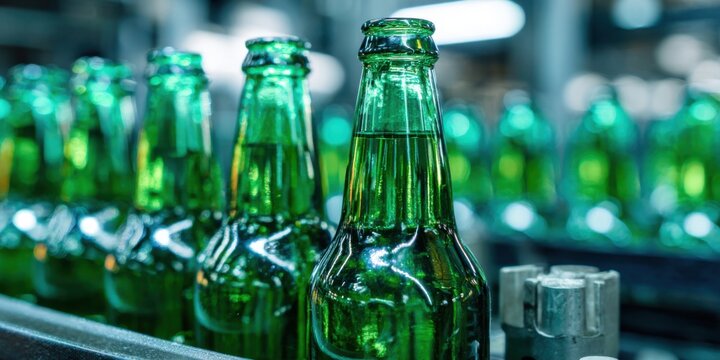 Beer Bottling plant. Green Beer Bottles in rows. Bottling process in modern factory. Capped Glass Beer Bottles ready for distribution in a brewery. Manufacturing. Production of beer in a glass bottle.