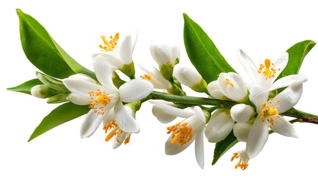 Orange blossoms with delicate white petals and fresh green leaves, perfect for spring branding and design projects  isolated on white background