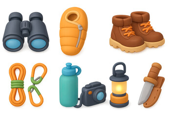 Essential hiking gear icons in 3d style for outdoor adventure concepts