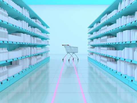 Futuristic 3D rendering of virtual reality shopping in a digital aisle