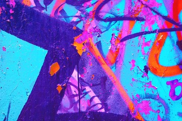 Spray paint graffiti in vibrant purple, pink, orange. Urban 90s style, fluorescent glow, bold...