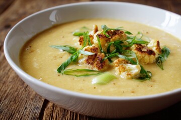 Cauliflower creamy soup with baked cauliflower florets on the top in a white bowl on a dark wood tabletop. Restaurant style dish. Hot, delicious plate of cream-of-cauliflower soup with melted cheese