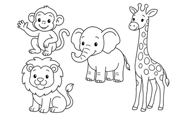 Obraz premium Coloring for children and adults, coloring of the animal world, elephant, monkey, lion, giraffe.