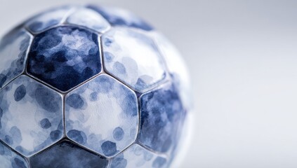 Naklejka premium Close-up of a soccer ball with a unique blue and white abstract pattern on its hexagonal panels against a blurred light background