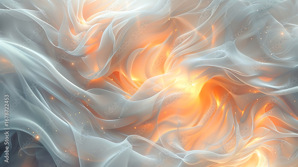Poster abstract flowing white and orange background with subtle light particles for modern design projects.