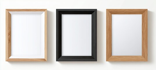 Three empty wooden picture frames in light beige, dark brown/black, and light brown
