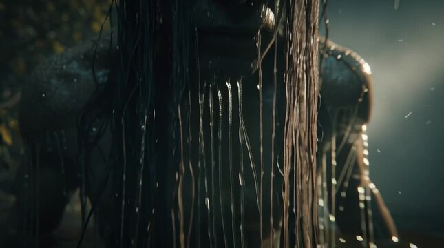 Haunting cinematic still of a Slavic water goblin emerging from dark, misty waters, eerie and mystical atmosphere