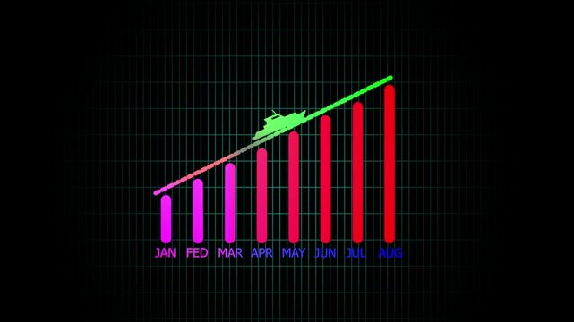 A colorful bar chart representing monthly growth from January to August, with a glowing bicycle climbing upward along the rising graph line. Perfect for concepts of progress, success, business develop