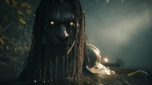 Haunting cinematic still of a Slavic water goblin emerging from dark, misty waters, eerie and mystical atmosphere