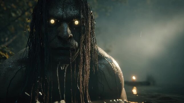 Haunting cinematic still of a Slavic water goblin emerging from dark, misty waters, eerie and mystical atmosphere